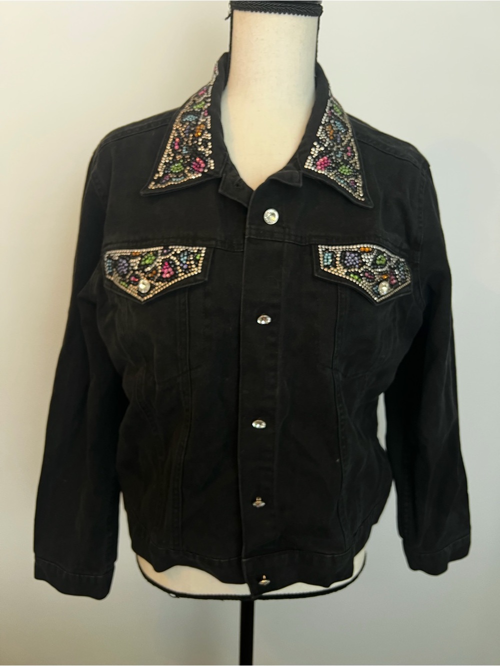 Embellished Black Women's Jean Jacket with Multicolor Beaded Accents